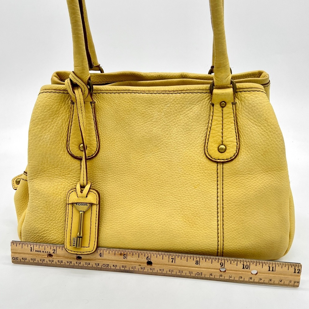 Fossil Key Yellow Pebble Leather Satchel Medium Tote Shoulder Handbag Charm RARE - Picture 13 of 15